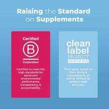 Blue background with text about supplement standards and two certification badges: B Corporation and Clean Label Project.