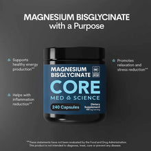 Black bottle with blue label containing 240 magnesium bisglycinate capsules by Core Med Science.