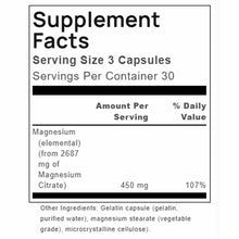 Supplement Facts label for Magnesium Citrate showing 450 mg elemental magnesium per 3-capsule serving, 30 servings per contai