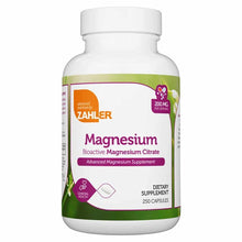 White bottle of Zahler Magnesium Citrate 200 mg dietary supplement with purple and green label, containing 250 capsules.