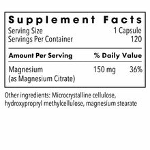 Supplement Facts label showing 150 mg magnesium citrate per capsule, 120 servings per container, with ingredient list.