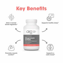White bottle of Magnesium Citrate dietary supplement with gray and coral label, 120 vegetarian capsules, surrounded by benefi