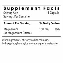 Supplement Facts label showing Magnesium Citrate 150 mg per capsule with ingredient list.