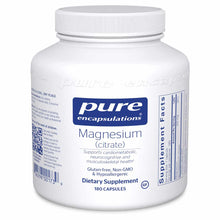 White plastic bottle of Pure Encapsulations Magnesium citrate dietary supplement containing 180 capsules with white screw-top