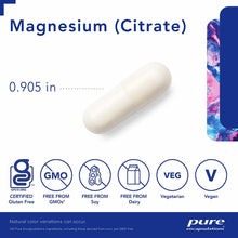 White oval capsule labeled Magnesium (Citrate) by Pure Encapsulations, 0.905 inches, with certification badges.