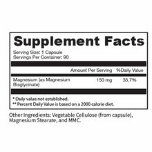 Supplement Facts label showing 150 mg magnesium bisglycinate per capsule, 90 servings per container, with vegetable cellulose