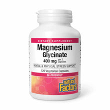 White bottle of Magnesium Glycinate 400 mg dietary supplement by Natural Factors containing 120 vegetarian capsules.