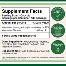 Supplement Facts label for Magnesium Glycinate with GMP certified, USA manufactured, and third-party tested badges.