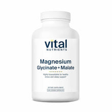 White plastic bottle of Vital Nutrients Magnesium Glycinate + Malate dietary supplement containing 200 vegan capsules.
