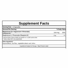 Supplement Facts label for Magtein Magnesium L-Threonate showing serving size, ingredients, and daily value information.