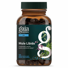 Brown glass bottle of Gaia Herbs Male Libido supplement with green cap and dark capsules visible inside.