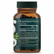 Amber glass bottle with green cap containing dark capsules and Supplement Facts label with herbal ingredients list.