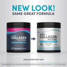 Two NeoCell Marine Collagen Peptides powder containers showing old and new packaging designs side by side.