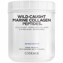 White cylindrical container of Codeage wild-caught marine collagen peptides powder, 15.87 oz, unflavored dietary supplement.