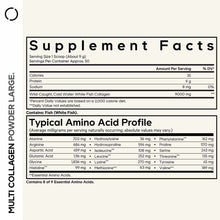 Supplement Facts label showing serving size, nutritional information, and amino acid profile for marine collagen peptides pow