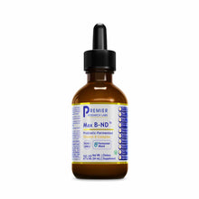 Brown glass bottle with black dropper cap containing Max B-ND Vitamin B Complex liquid supplement by Premier Research Labs, 2