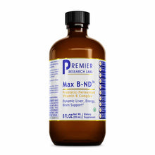 Brown glass bottle with black cap labeled "Max B-ND Probiotic-Fermented Vitamin B Complex" by Premier Research Labs, 8 fl oz.