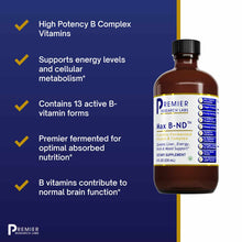 Brown glass bottle of Max B-ND B Vitamin Complex by Premier Research Labs with black cap, 8 fl oz size.