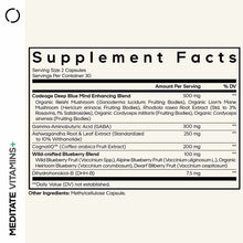 Supplement Facts label for Meditate capsules showing serving size, ingredients including mushroom blend, ashwagandha, and blu