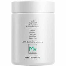 White cylindrical supplement jar labeled with GABA, CognitiQ, Ashwagandha, and Mushroom Complex ingredients.
