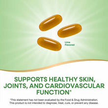 Three golden oval softgel capsules on a green and white background labeled lime flavored.