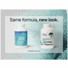 Two white bottles of Mega IgG2000 capsules by Microbiome Labs shown side by side, displaying old and new packaging designs.
