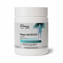 White jar with white lid labeled Mega IgG2000 Powder by Microbiome Labs, 2.1 oz, containing immunoglobulin G dietary suppleme