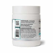 White powder container with white lid and teal label containing usage instructions and product information.
