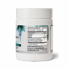 White powder supplement container with white cap, displaying Supplement Facts label showing immunoglobulin concentrate and Mi