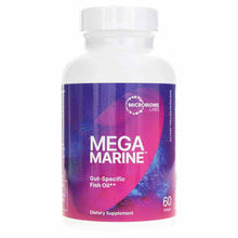 Bottle of Mega Marine Gut-Specific Fish Oil softgels by Microbiome Labs with white cap and purple-pink gradient label.