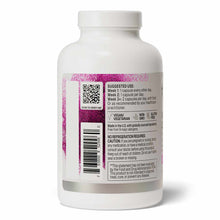 White supplement bottle with pink and purple label showing usage instructions, QR code, barcode, and allergen information.