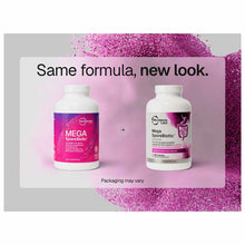 Two white bottles of Mega SporeBiotic capsules by Microbiome Labs shown side-by-side on pink background with purple glitter.