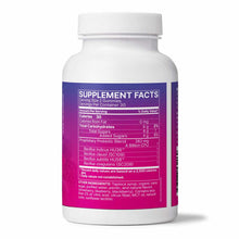 White bottle with purple label showing supplement facts for probiotic gummies containing Bacillus strains.