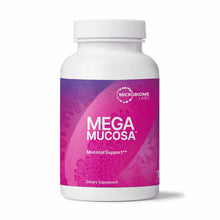 White cylindrical bottle with purple and pink label displaying "Mega Mucosa" by Microbiome Labs and white screw-top cap.