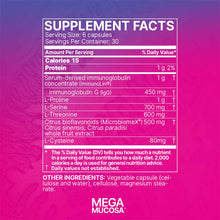 Supplement Facts label for MegaMucosa showing ingredients including immunoglobulin concentrate, L-amino acids, and citrus bio