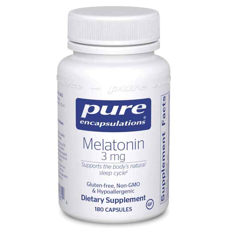 White bottle of Pure Encapsulations Melatonin 3 mg dietary supplement with white screw-top lid, containing 180 capsules.