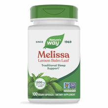 Nature's Way Melissa Lemon Balm Leaf dietary supplement bottle with green cap and white label containing 100 vegan capsules.