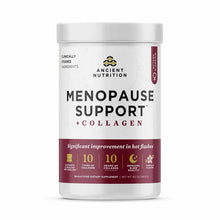 White container of Ancient Nutrition Menopause Support plus Collagen powder with burgundy label, 10.2 oz.