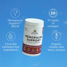 White container of Ancient Nutrition Menopause Support + Collagen powder with burgundy label on blue background.