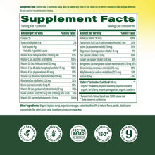 Supplement Facts label for Megafood Men's Whole Body Multi gummies showing vitamins, minerals, and ingredients with certifica