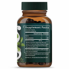 Amber glass bottle with green cap containing dark capsules, labeled with Supplement Facts and herbal ingredients including El
