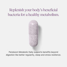 Pendulum Metabolic Daily probiotic capsule with speckled purple exterior on white background.