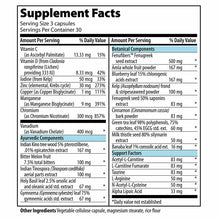 Supplement Facts label for Metabolic Vibrance showing serving size, vitamins, minerals, botanical and ayurvedic components, a