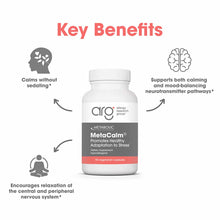 White bottle of MetaCalm 90 vegetarian capsules by Allergy Research Group with gray and coral label and key benefits icons.