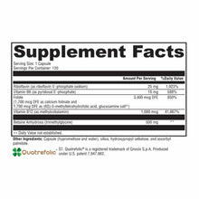 Supplement Facts label showing serving size of 1 capsule with 120 servings per container, listing B vitamins and betaine anhy