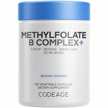 White cylindrical supplement bottle with blue cap containing 120 vegetable capsules of Methylfolate B Complex+.