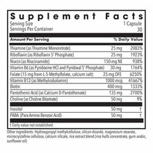 Supplement Facts label listing B-complex vitamins including 15 mg L-Methylfolate, 30 capsules per container.