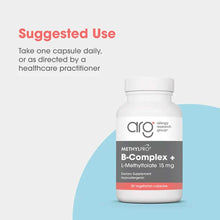 White bottle of Allergy Research Group B-Complex + L-Methylfolate 15 mg supplement with gray and red label containing 30 vege