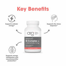 White supplement bottle labeled "MethylPro B-Complex + L-Methylfolate 15 mg" by Allergy Research Group with "Key Benefits" te