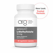 White bottle of MethylPro L-Methylfolate 10 mg dietary supplement by Allergy Research Group containing 30 vegetarian capsules
